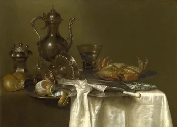 Martwa natura: cyna, srebrne naczynia i krab, ok. 1636