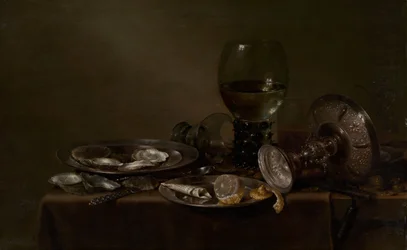 Martwa natura z ostrygami, srebrną tazzą i szklanymi naczyniami, 1635.
