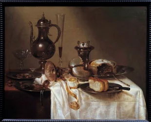 Martwa natura przy żeglarskim Stole zastawionym sztućcami, chlebem, fletem do wina, ciastem i obraną cytryną. Obraz Willema Hedy (1594-1670) 1642 Saint Etienne, Muzeum Sztuk Pięknych