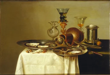 Martwa natura z roemerem na pozłacanym stojaku, kamionka i ostrygi, 1637.