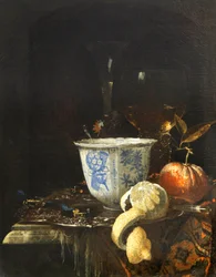"Martwa natura z chińską misą porcelanową" Obraz Willema Kalfa (1619-1693) Olej na płótnie, 52,5x41,8 - Fondation Custodia