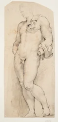Przód antycznej rzeźby „Belvedere Antinous” widziany do połowy zwrócony w lewo