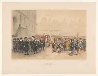 Trzecia grupa maskarady w Utrechcie w 1856 r. Rząd (tytuł na przedmiocie) Nasza ojczyzna około połowy XVII wieku, zaproponowana przez H.H. studenci, członkowie Mutua Fides, z okazji 220-lecia Utrechtsche Hoogeschool, 25 czerwca