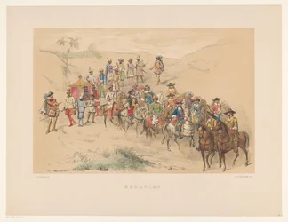 Czwarta grupa maskarady w Utrechcie w 1856 r. Kolonie (tytuł na obiekcie) Nasza ojczyzna około połowy XVII wieku, zaproponowana przez H.H. studenci, członkowie Mutua Fides, z okazji 220-lecia Utrechtsche Hoogeschool, 25 czerwca