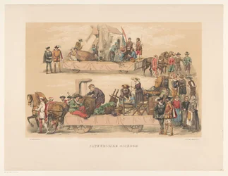 Piąta grupa maskarady w Utrechcie w 1856 r. Zasób naturalny (tytuł na przedmiocie) Nasza ojczyzna około połowy XVII wieku, zaproponowana przez H.H. studenci, członkowie Mutua Fides, z okazji 220-lecia Utrechtsche Hoogeschool,