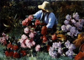 Rododendrony. Ogrodnik pielęgnuje kwiaty w ogrodzie. Obraz autorstwa Willema Roelofsa (1822-1897 Holandia) Kolekcja prywatna