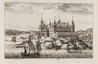 Zamek Läckö od strony jeziora Vänern. Z „Suecia antiqua et hodierna”