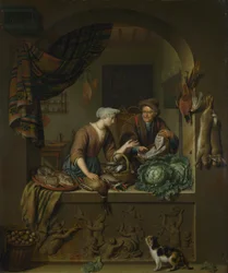 Kobieta i handlarz ryb w kuchni, 1713