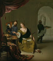 Zaniedbana lutnia Dama z lutnią pijąca wino w bogatym wnętrzu, 1705.