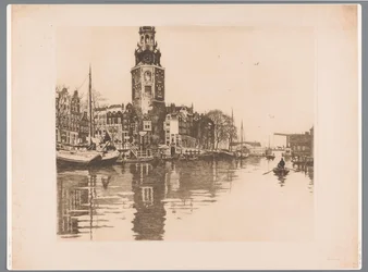 Widok na Montelbaanstoren w Amsterdamie Old Schans z Montelbaanstoren i łodzią wiosłową (tytuł oryginalny)
