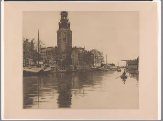 Widok na Montelbaanstoren w Amsterdamie Old Schans z Montelbaanstoren i łodzią wiosłową (tytuł oryginalny)