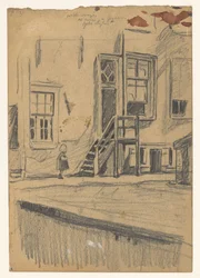 Dziewczyna przy drewnianych schodach, nabrzeże