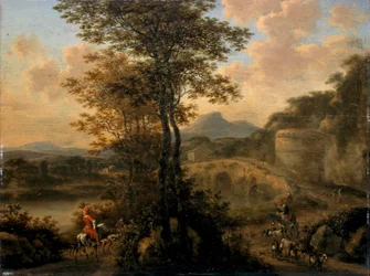 Włoski krajobraz rzeczny z kamiennym mostem, 1650