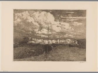 Krajobraz wydm z wykopaliskami piasku i łodziami Wykopaliska piasku (tytuł oryginalny)