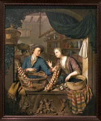 Sprzedawca cebuli. Obraz Willema van Mierisa (1662-1747), olej na drewnie