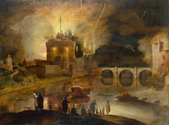 Castel Sant Angelo, Rzym, z mieszczanami oglądającymi pokaz sztucznych ogni w nocy (olej na panelu)
