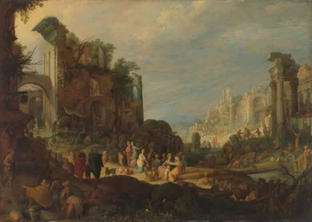 Podróżnicy wśród rzymskich ruin z Rebeką i Eliezerem przy studni, ok. 1602-1605 (olej na miedzi)