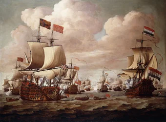 Flota angielska i holenderska wymieniają saluty na morzu z „Prince” i „Gouden Leeuw” na pierwszym planie, 1684