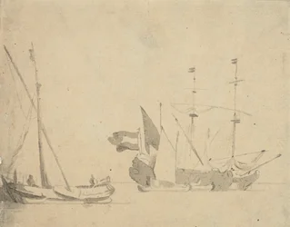 Boeier na molo i holenderski statek na kotwicy, ok. 1665 (szare płótno)