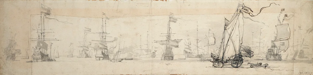 Jacht państwowy pod żaglami i statki na kotwicy, ok. 1665 (grafit, szare pranie)