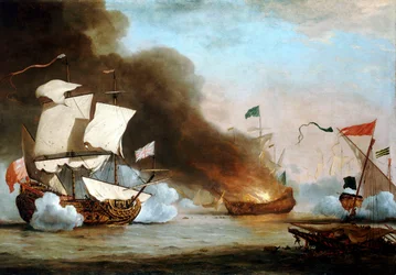 Angielski statek w akcji z barbarzyńskimi korsarzami, ok. 1680, ok. 1685 (olej na płótnie)
