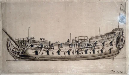 Brytyjski okręt czwartej klasy z 42 działami, zbudowany około 1675 roku. Rysunek tuszem autorstwa Willema van de Velde Młodszego (1633-1707)