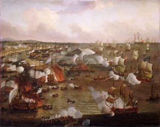 Spalenie francuskich okrętów w bitwie pod La Hogue, 23 maja 1692, koniec XVII wieku (olej na płótnie)