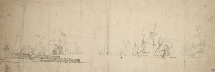 Holenderska flota wypływająca z molo, ok. 1665 (grafit, szare pranie)