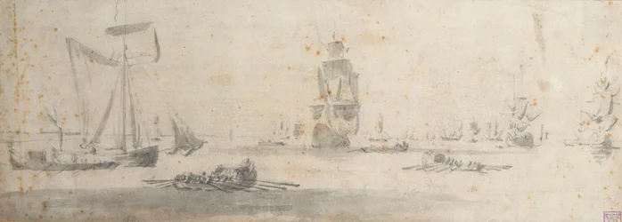 Galileot w lekkim wietrze i kilka barek, ok. 1681 r. (grafit, szare pranie)