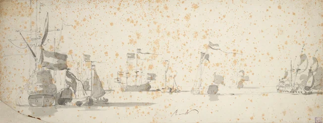 Jacht państwowy i holenderskie statki na kotwicy, ok. 1664 (grafit, szare pranie)