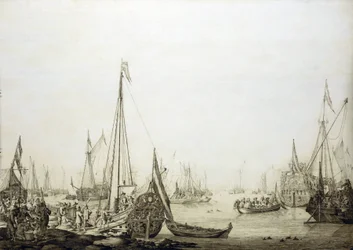 Przedstawiający różne statki w zatłoczonym porcie obraz jest historycznie związany z podróżą Karola II (1630-1685) do Hagi (Holandia) w 1660 roku, podczas przywracania jego władzy nad angielskim tronem