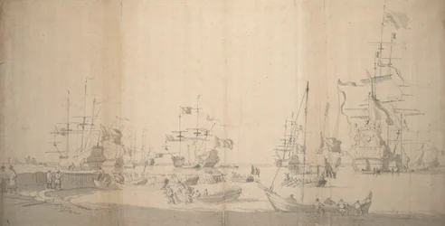 Weyschuit wyciągany na brzeg w zatłoczonym porcie, ok. 1672 r. (grafit)
