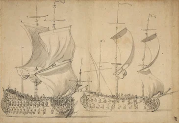 Angielska trzecia i czwarta klasa pod łatwym żaglem, ok. 1677 (ołówek, pył)