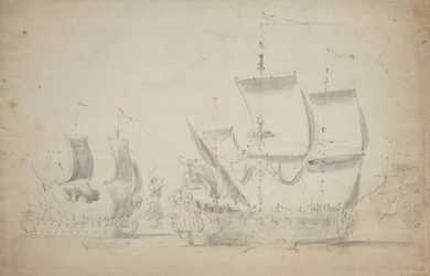Angielski dwupokładowiec pod żaglami, ok. 1675 (ołówek, pył)