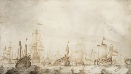 Holenderskie statki do połowu śledzia na Morzu Północnym. Rysunek tuszem i tuszem (27,4x47,6 cm) autorstwa Williama van de Velde Starszego (ok. 1611-1693), ok. 1650 r.
