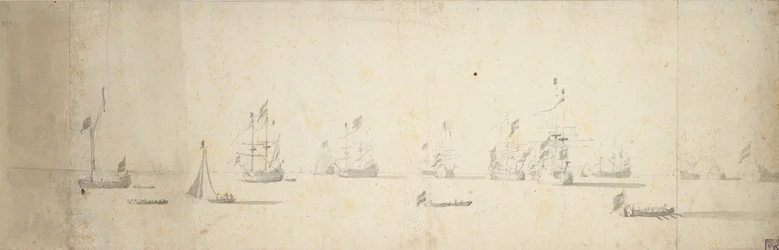 Holenderskie statki na kotwicy u wybrzeży lądu, ok. 1664 (grafit, szary pył)