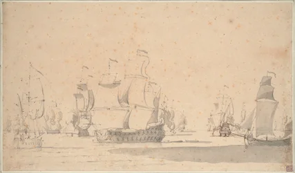 Angielskie statki, kecz i galeot przy lekkiej bryzie, czerwiec 1673, ok. 1673 (ołówek, pył, pióro, brązowy tusz)
