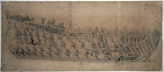 Portret statku "London", zbudowanego w 1670 r., statku pierwszej klasy z 96 działami. Rysunek i tempera wykonane około 1676 roku przez Willema van de Velde l