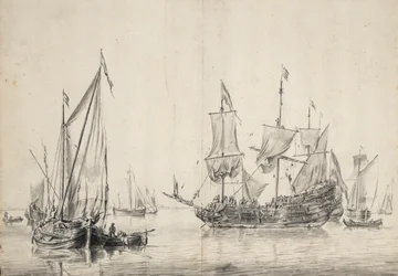 Żaglówki i holenderska fregata susząca żagle. Rysunek i pranie (26x37 cm), William van de Velde l