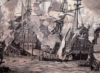 Bitwa o dźwięk pomiędzy flotą holenderską i szwedzką, 8 listopada 1658. Detal - Malarstwo olejne i atramentowe
