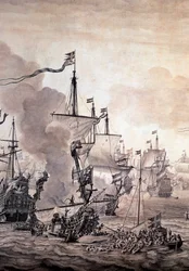 Bitwa o dźwięk pomiędzy flotą holenderską i szwedzką, 8 listopada 1658. Detal - Malarstwo olejne i atramentowe
