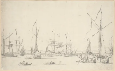 Jachty i statki na kotwicy w pobliżu Sheerness, ok. 1677 (grafit, szare pranie)