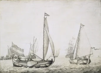 Dwa holenderskie statki na starcie, prawdopodobnie w porcie w Amsterdamie (Holandia). Grisaille na drewnie, około 1660 roku, autorstwa Willema van de Velde (1611-1693).