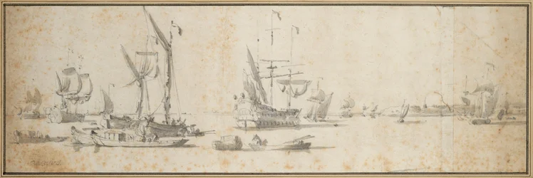 Dwóch doggerów i statek na kotwicy w porcie, ok. 1681 (grafit, szare pranie)