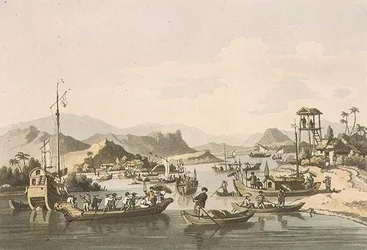 Kočinas – Kinijos laivyba Taifo upe, 15 plokštelė iš Johno Barrowo (1764–1848) „Kelionė į Kočičiną“, išgraviruota Thomaso Medlando (1755–1823) 1806 m. (akvatinta)polis