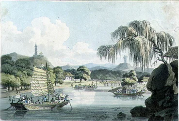 Widok we wschodniej części Parku Cesarskiego w Gehol, tablica 4 z „Podróże po Chinach” Johna Barrowa, ryt. Thomas Medland (1755-1823) 1804 (akwatinta)