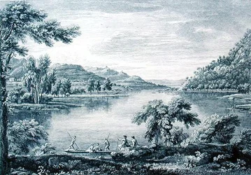 Widok Hawswater, jeziora w pobliżu Banton w Westmoreland, wyryty i ryty przez Chatelina i Mullera (grafika)