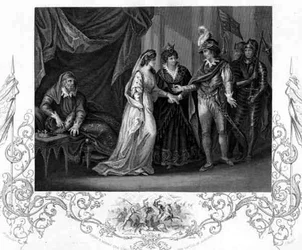 Zawarcie traktatu z Troye, w Henryku V Williama Szekspira (1564-1616) rytowane przez J. Rogersa (rycina)