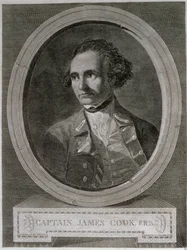 Portret kapitana Jamesa Cooka (1728-79), z frontyspisu „Podróży dookoła świata na biegun południowy” (rycina)
