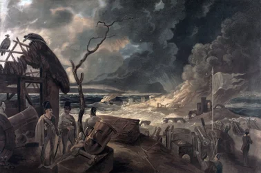 Konsekwencje wojny, scena z żołnierzami i armatami. Kolorowy wydruk na podstawie obrazu Williama Hodgesa (1744-1797).